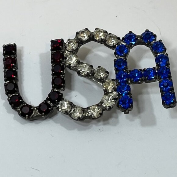 VTG USA Patriotic Brooch Red Clear Blue Prong Set Rhinestones Hat Vest Pin 2"x1" - Picture 11 of 11